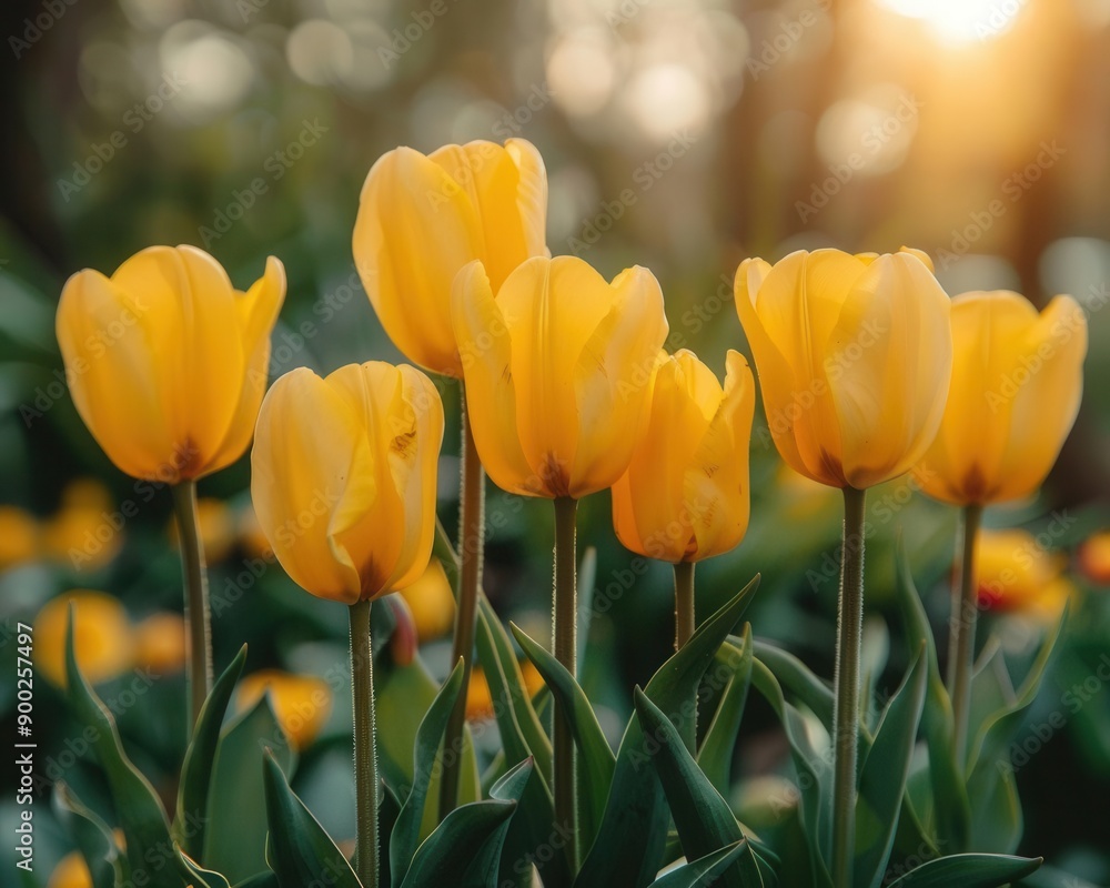 Obraz premium Bright yellow tulips in a garden, perfect for spring holiday greetings Midlevel shot, soft sunlight creating a warm, welcoming scene