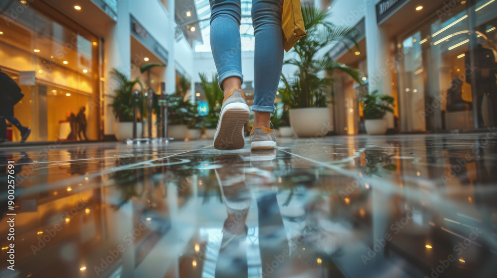 Low-angle shot of a person walking through a modern shopping mall with a reflective floor and bright lighting. Low-angle shot of a person walking through a modern shopping mall with a reflective floor and bright lighting.