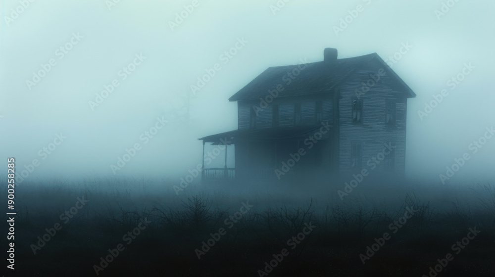 Eerie image of an abandoned house surrounded by thick fog, creating a spooky and mysterious atmosphere. Eerie image of an abandoned house surrounded by thick fog, creating a spooky and mysterious atmosphere.