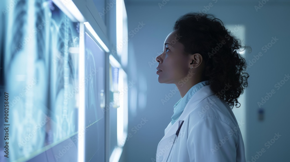 A 3D image of a doctor in a lab coat, looking at an X-ray image on a lightbox. The precise modeling and focused expression underscore their diagnostic expertise. A 3D image of a doctor in a lab coat, looking at an X-ray image on a lightbox. The precise modeling and focused expression underscore their diagnostic expertise.