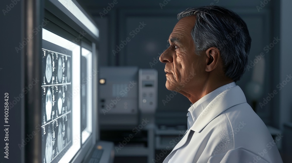 A 3D image of a doctor in a lab coat, looking at an X-ray image on a lightbox. The precise modeling and focused expression underscore their diagnostic expertise. A 3D image of a doctor in a lab coat, looking at an X-ray image on a lightbox. The precise modeling and focused expression underscore their diagnostic expertise.