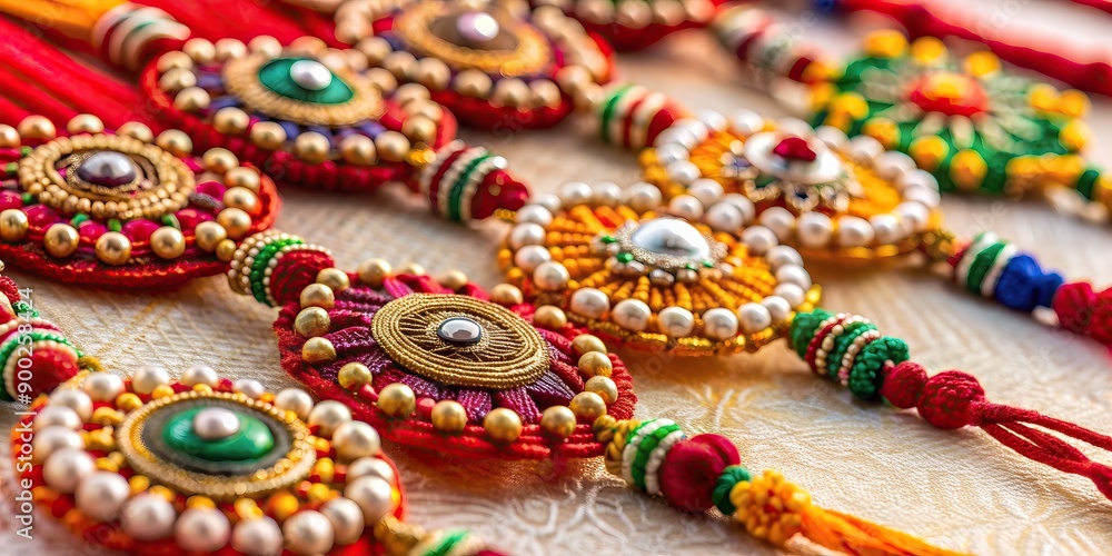 colorful traditional Indian multiple rakhi bracelets with intricate designs and beads on textured fabric background festival brother sister celebration colorful traditional Indian multiple rakhi bracelets with intricate designs and beads on textured fabric background festival brother sister celebration