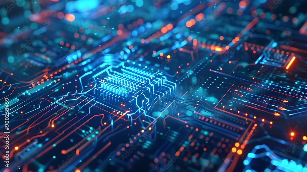 Obraz premium Abstract of a circuit board with glowing blue and orange lights, showcasing the intricate details of modern technology.