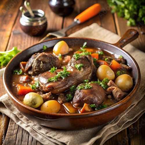 rustic beef stew in cast iron skillet with carrots potatoes herbs on wooden table vintage spoon cloth napkin