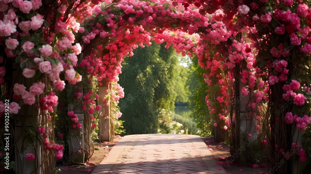 Obraz premium A beautiful garden archway covered in vibrant pink roses, leading to a serene, lush green pathway.