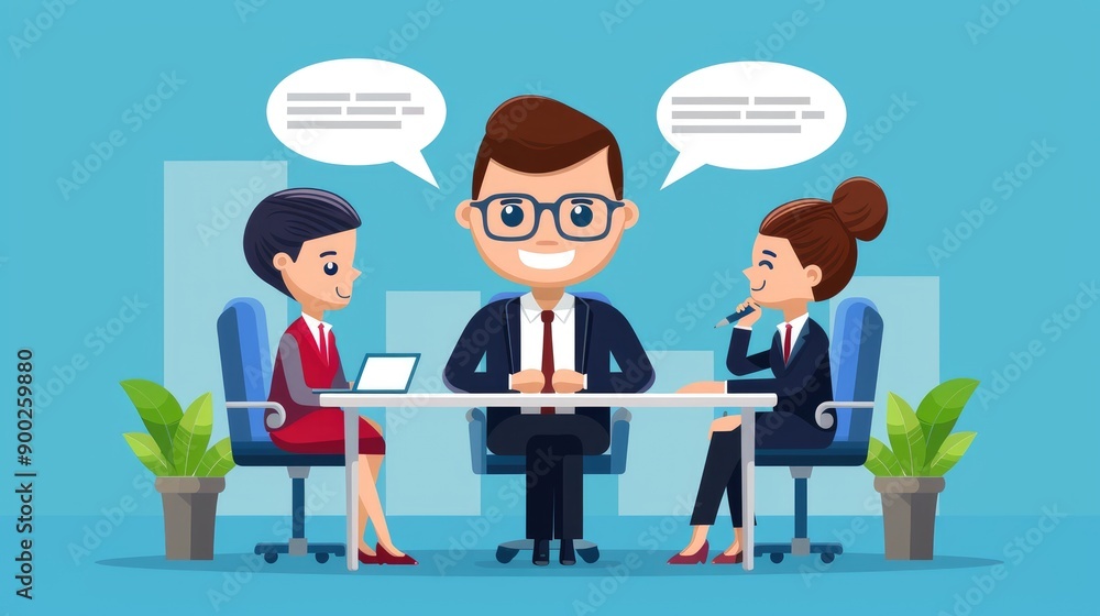Business meeting with a cheerful male leader, two engaged female colleagues, and a sleek modern environment highlighting teamwork and discussion. Business meeting with a cheerful male leader, two engaged female colleagues, and a sleek modern environment highlighting teamwork and discussion.