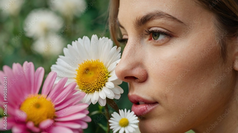 model with great alluring facial features with flowers on the side of her face model with great alluring facial features with flowers on the side of her face