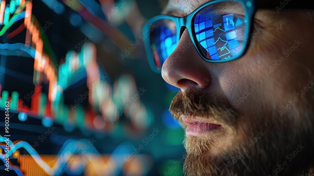 Futuristic Financial Consultant Analyzing Market Trends with Close-Up Graphs on Trading Floor Background