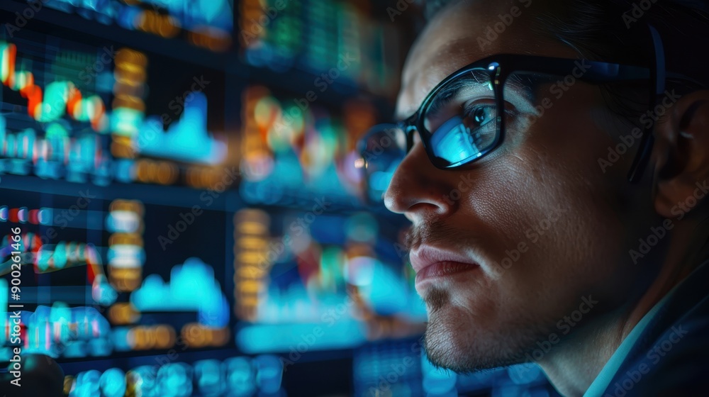 Futuristic Financial Consultant Analyzing Market Trends with Graphs on Trading Floor Background Futuristic Financial Consultant Analyzing Market Trends with Graphs on Trading Floor Background