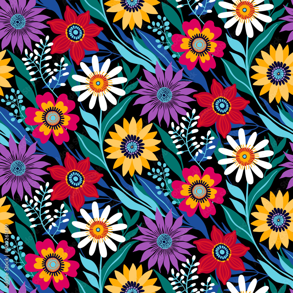 Half drop Floral Seamless Pattern of Fantasy Flowers in Bright Red, Yellow, White, Purple, Green on Black Background. Wallpaper Design for Textiles, Papers, Fashion Prints, Beauty Products, Wrappings. Half drop Floral Seamless Pattern of Fantasy Flowers in Bright Red, Yellow, White, Purple, Green on Black Background. Wallpaper Design for Textiles, Papers, Fashion Prints, Beauty Products, Wrappings.