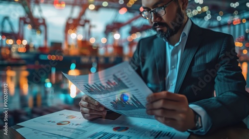 Futuristic Export Consultant Managing International Trade with Focus on Export Documents, Overlay on Shipping Port Backdrop