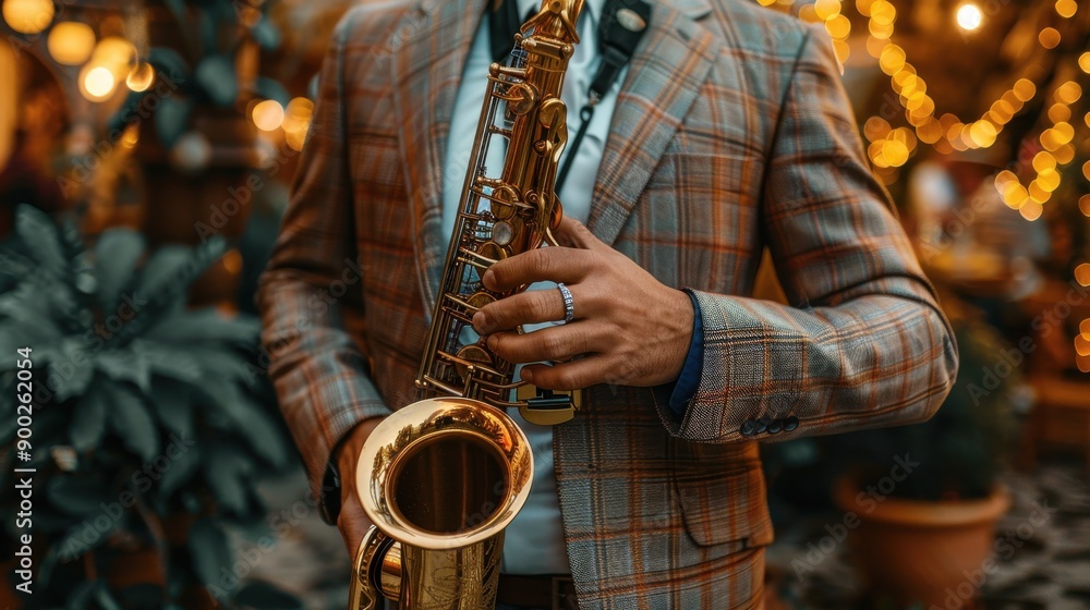 Fototapeta premium someone is playing saxophone close up