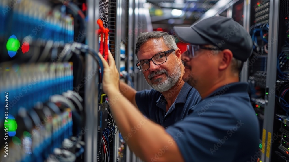 Digital Defense Inspection: Supervisor Evaluating Cybersecurity Measures with IT Inspector in Surreal Composite Server Room Digital Defense Inspection: Supervisor Evaluating Cybersecurity Measures with IT Inspector in Surreal Composite Server Room