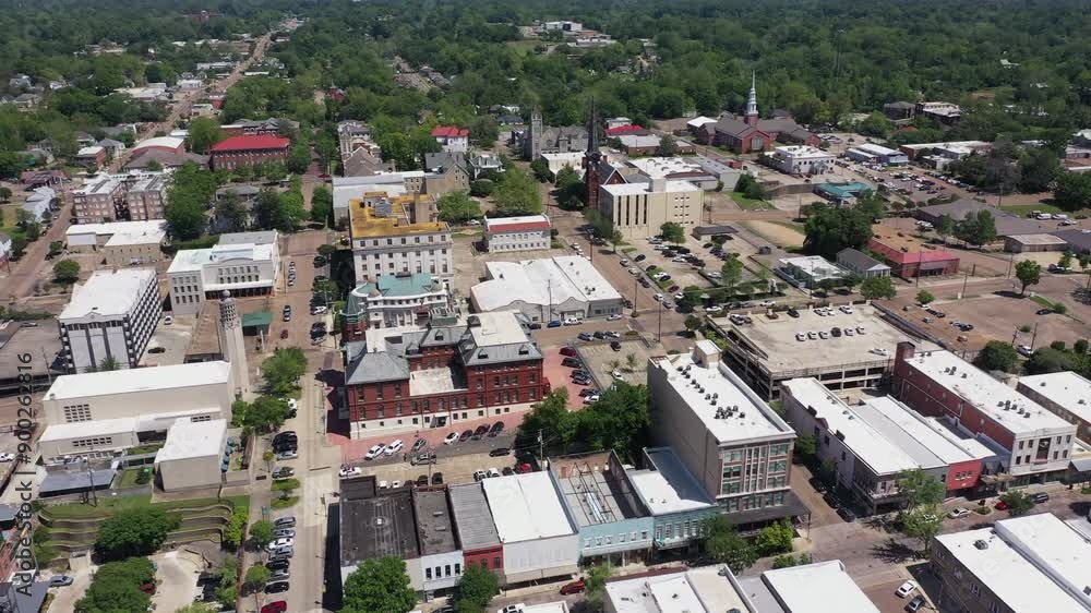 Vicksburg, Mississippi, USA - April 23, 2024: Afternoon sun shines on the historic buildings of downtown Vicksburg. Vicksburg, Mississippi, USA - April 23, 2024: Afternoon sun shines on the historic buildings of downtown Vicksburg.
