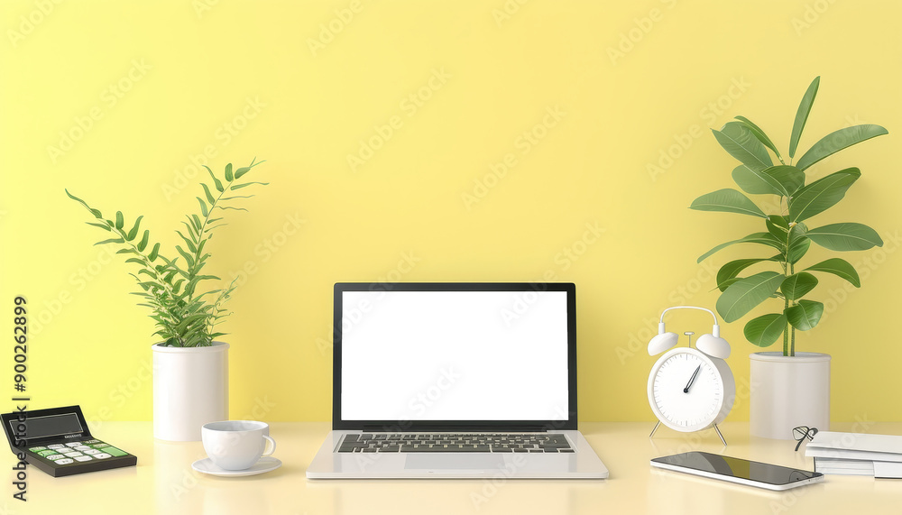 Fototapeta premium Efficient Tax Preparation Workspace with Laptop, Calculator, and Forms on Desk against Yellow Background for Copy Space