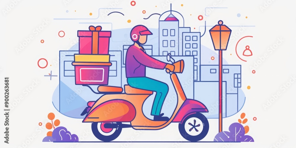 Naklejka premium Urban Express: Vibrant Illustration of a Delivery Man on Scooter with Packages