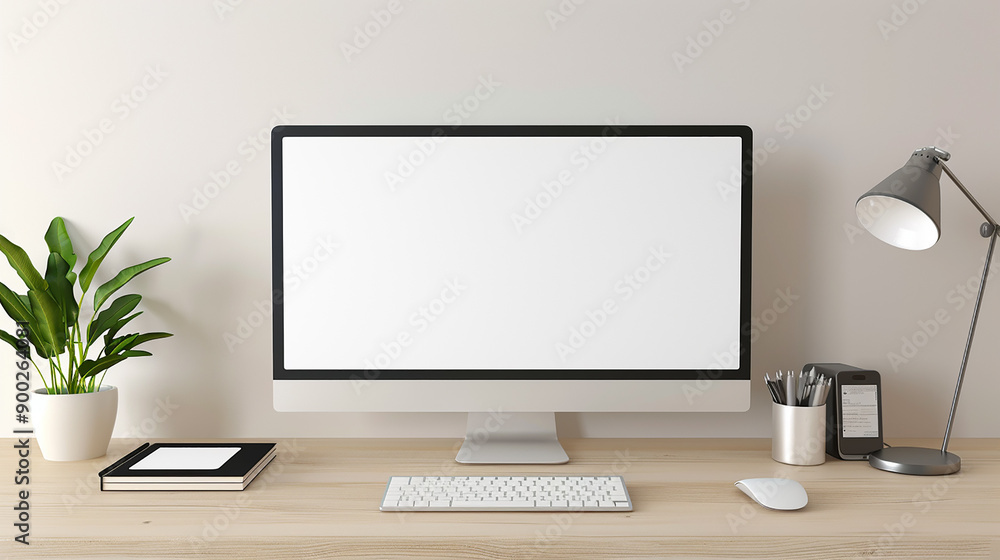 A modern home office setup with a large computer monitor, desk lamp, and various stationery items. A modern home office setup with a large computer monitor, desk lamp, and various stationery items.