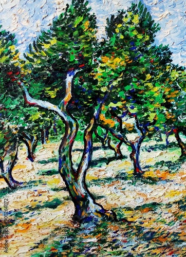 hand painted original impressionism art oil painting view olive tree thailand