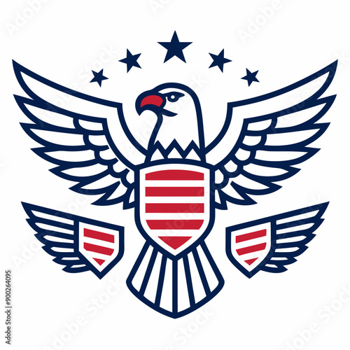 American Eagle Vector Line Art with USA Flags on White Background photo