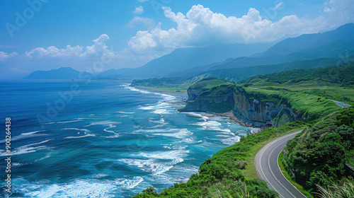 Curved coastal road along a cliffside with a scenic view of the ocean and waves crashing against the shore.