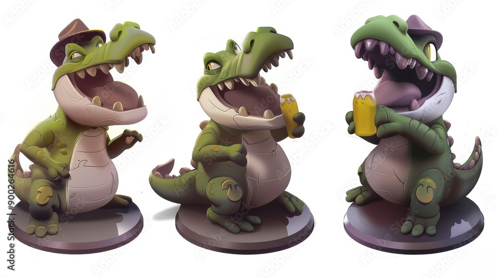 Fototapeta premium Playful cartoon crocodile character trio, featuring vibrant colors, joyful expressions, and fun poses, perfect for kids' illustrations.