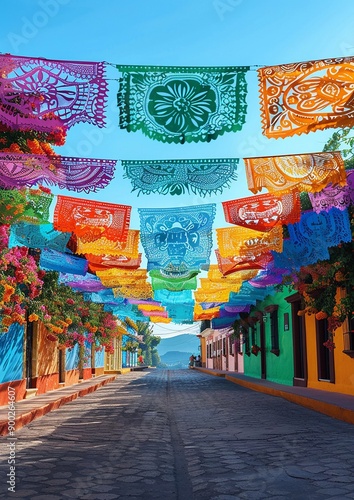 Decorative papel picado banners hanging above a street festival, vivid colors. photo