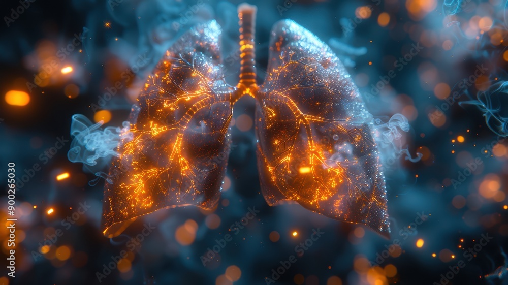 Fototapeta premium Futuristic Digital Visualization of Human Lungs with Glowing Neural Networks and Smoke Effects in a High-Tech Medical Concept
