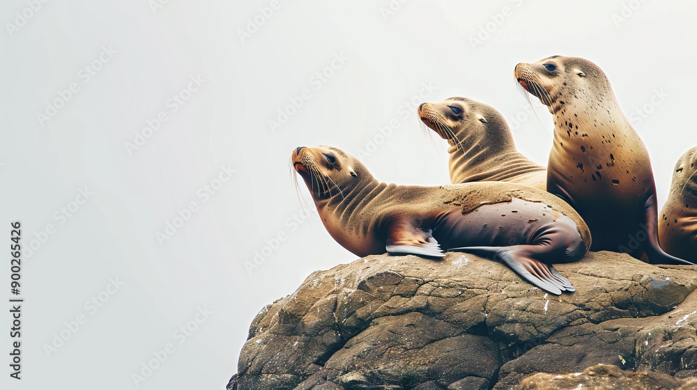 Fototapeta premium A group of California Sea Lions sit on a rock on white background with copy space.