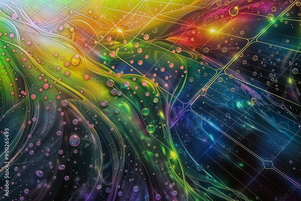 Naklejka premium Cosmic Bubbles. A vibrant, abstract image showcasing a celestial scene with colorful bubbles and swirling patterns, reminiscent of a nebula.