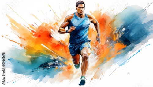 watercolor illustration features a runner in mid-stride, with bold splashes of blue, orange, and yellow hues adding to the intensity of the scene on a white background.