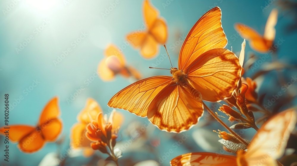 A close-up of a butterfly perched on a leaf with sunlight filtering through the foliage, casting a soft glow on the background A close-up of a butterfly perched on a leaf with sunlight filtering through the foliage, casting a soft glow on the background