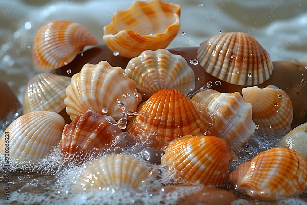 Colorful Sea Shells in Ocean Waves Summer Coastal Decoration, Seaside Background Colorful Sea Shells in Ocean Waves Summer Coastal Decoration, Seaside Background