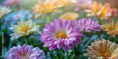 A close-up photo of vibrant flowers in full bloom, showcasing a range of colors from pink and purple to yellow and orange. The background is softly blurred, bringing attention to the detailed petals.