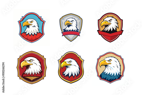 Bald Eagle’s logo set, labeled cartoon vector design illustration.