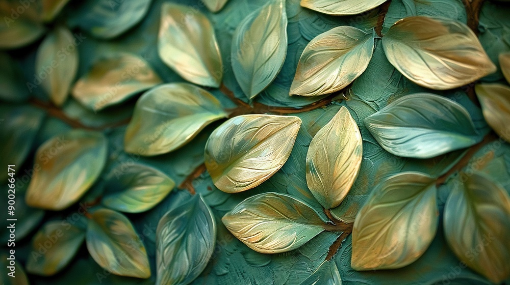 A detailed photo of a green and gold-painted wall with leaves adorning both sides A detailed photo of a green and gold-painted wall with leaves adorning both sides