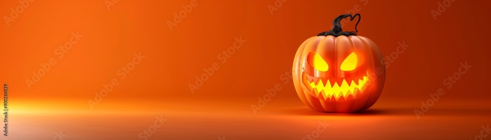 Glowing 3D Halloween Pumpkin with Wide Smile on Orange Textured Background Glowing 3D Halloween Pumpkin with Wide Smile on Orange Textured Background