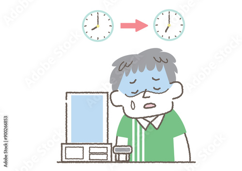 長時間労働で疲れ切っているコンビニエンスストアの店長のイラスト