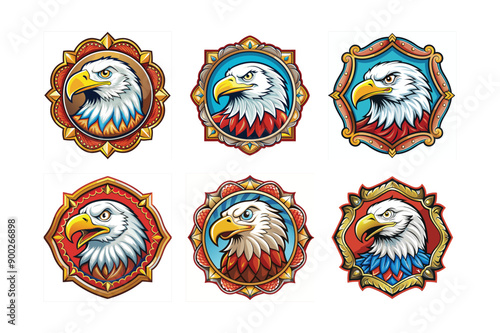 Bald Eagle’s logo set, labeled cartoon vector design illustration.