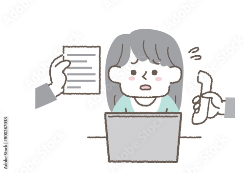 仕事をたくさん押し付けられて困っている女性社員のイラスト