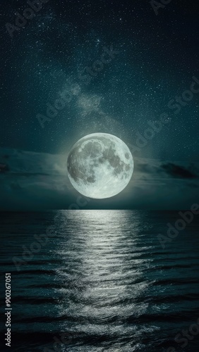 Twilight Ocean with Bright Moon