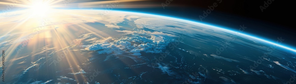 Fototapeta premium A breathtaking view of Earth from space, showcasing the vibrant colors and the warm glow of the sun illuminating the atmosphere.