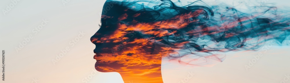 Fototapeta premium A captivating silhouette blending with vibrant clouds, representing creativity and introspection against a serene sunset backdrop.