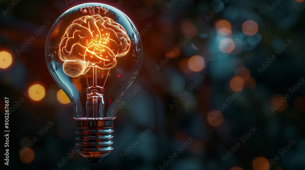 Brain-shaped light bulb, glowing brightly, idea, innovation, dark background Brain-shaped light bulb, glowing brightly, idea, innovation, dark background