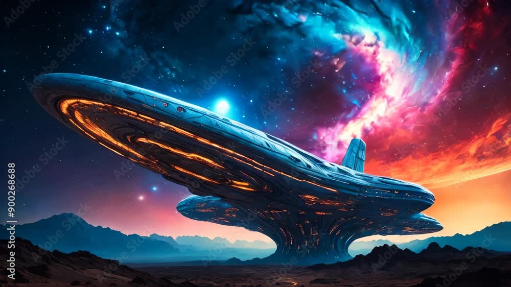 An intricate giant alien ship over a strange alien planet An intricate giant alien ship over a strange alien planet