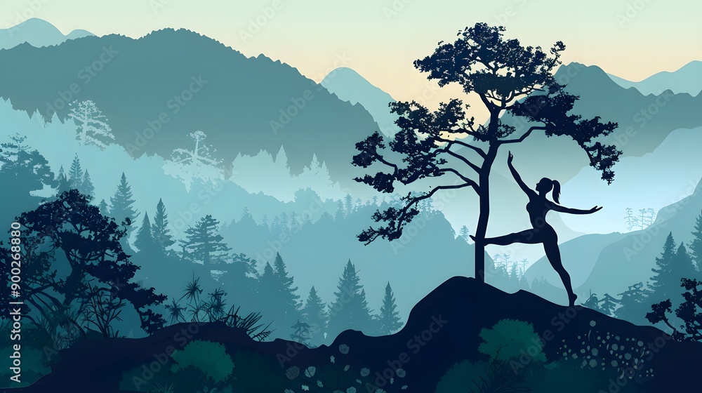 Obraz premium silhouette fitness girl practicing yoga on mountain. 