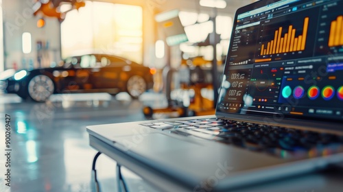 Open laptop displaying business analytics and data on screen in modern vehicle repair shop