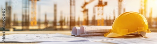 A construction site with blueprints and a yellow hard hat, symbolizing safety and planning in building projects.