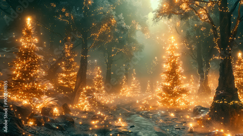 Magical forest with Christmas trees and glowing lights