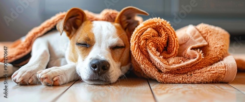 Cute puppy sleep on floor with towel photo