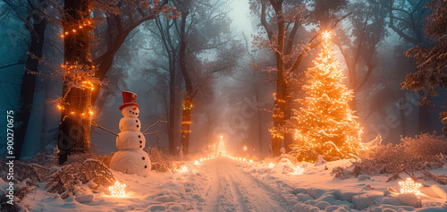 Winter landscape of a frozen forest and lonely snowman, with Christmas tree and glowing lights